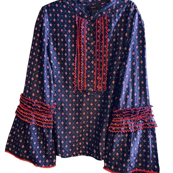 J.Crew Embroidered Bell Sleeve Top Boho Cotton/Silk Blue Size 8 NWOT - Picture 4 of 6